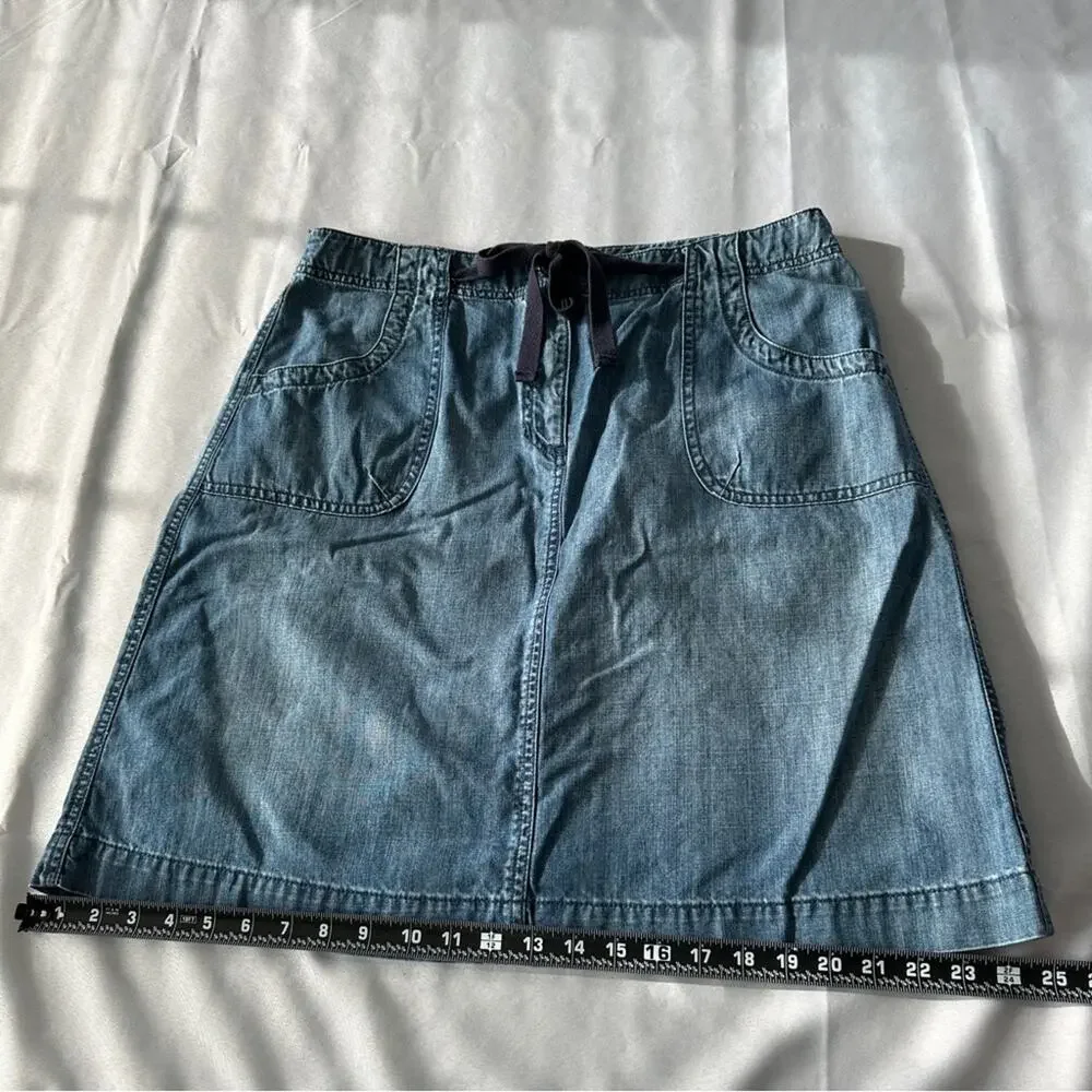 Talbots Denim A-Line Skirt Women’s 14 Blue 100% Cotton Drawstring Waist Pockets